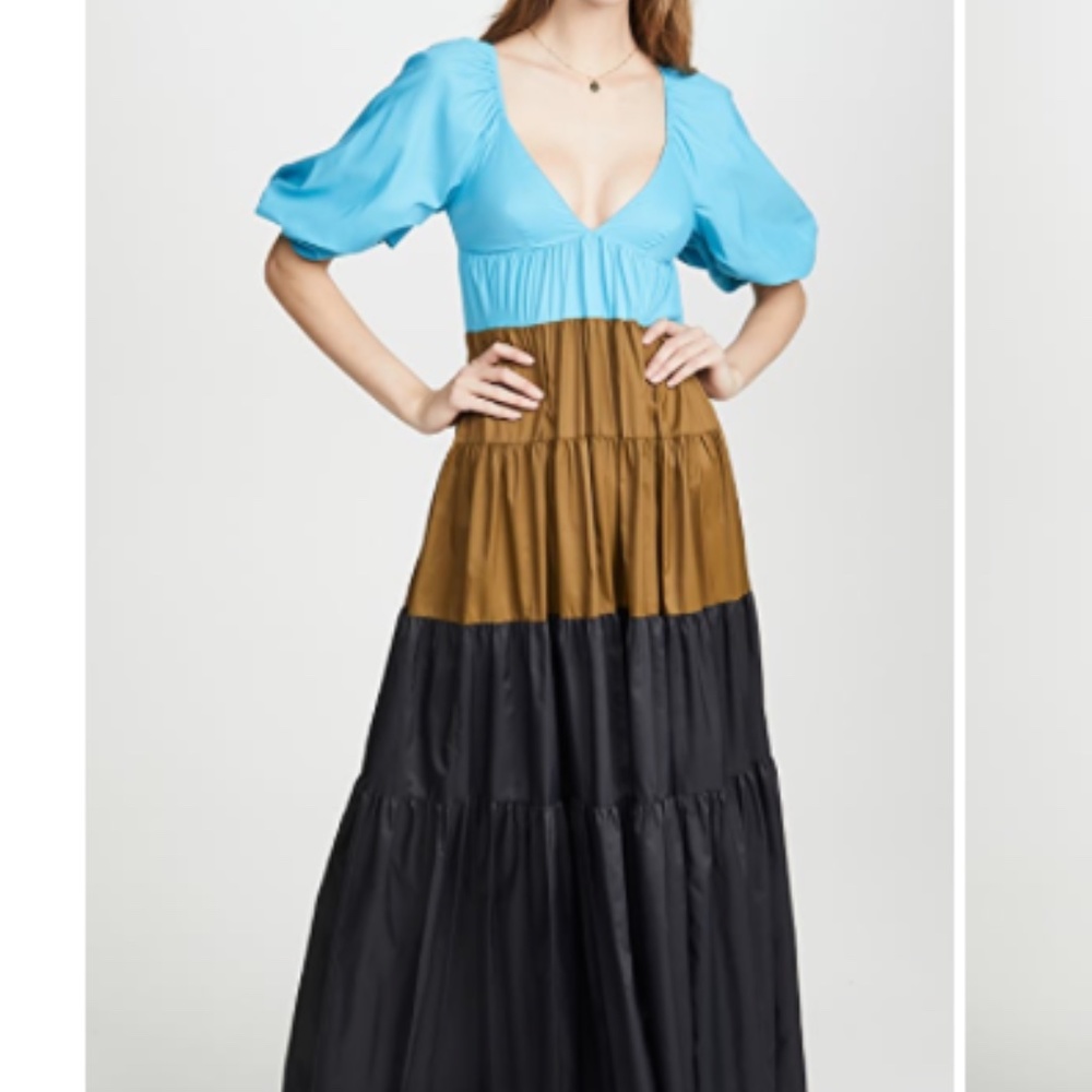 STAUD Colorblock Puff-Sleeve Maxi Dress in Sky Blue, Brown & Black
